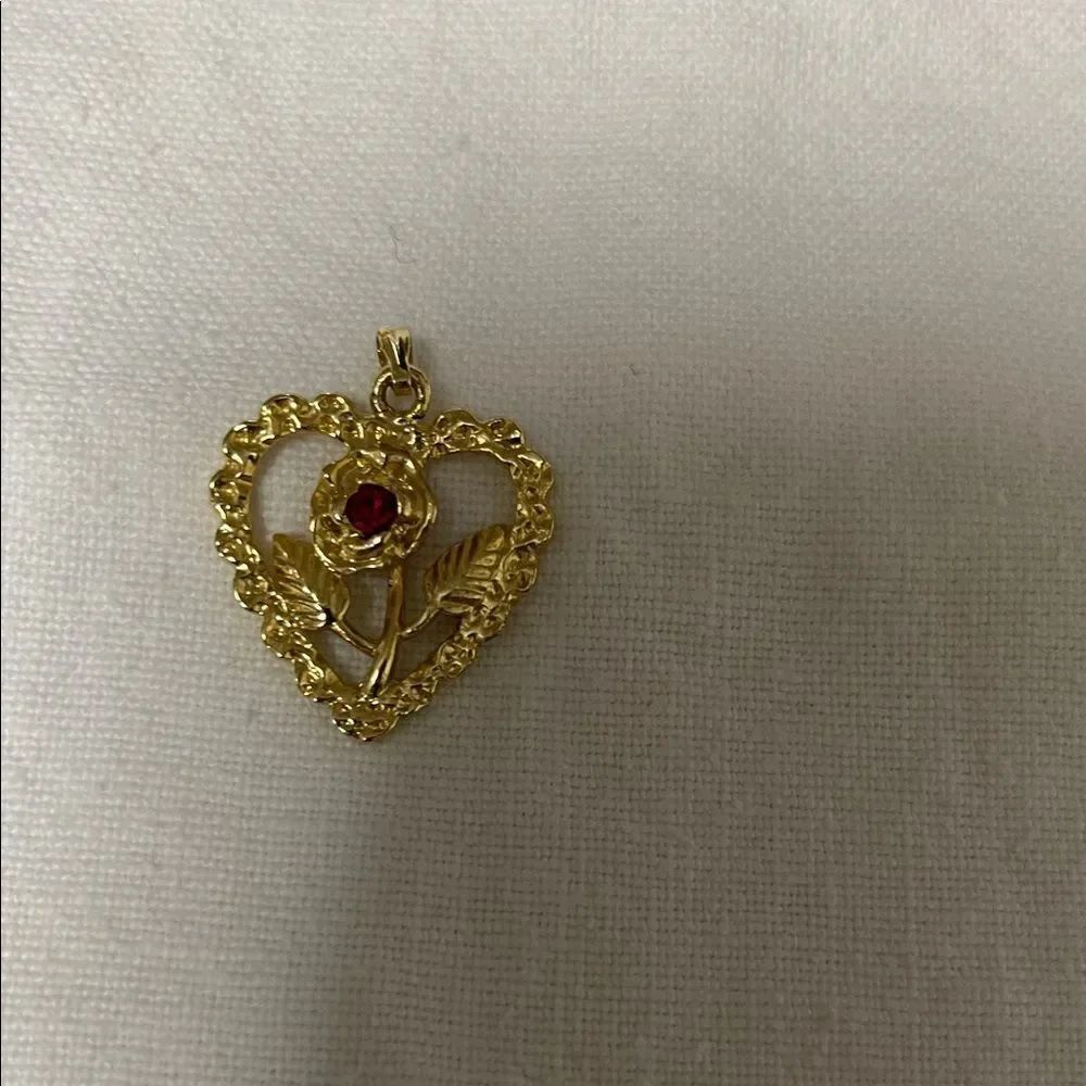 Gold Tone Heart Pendant with Red Gemstone